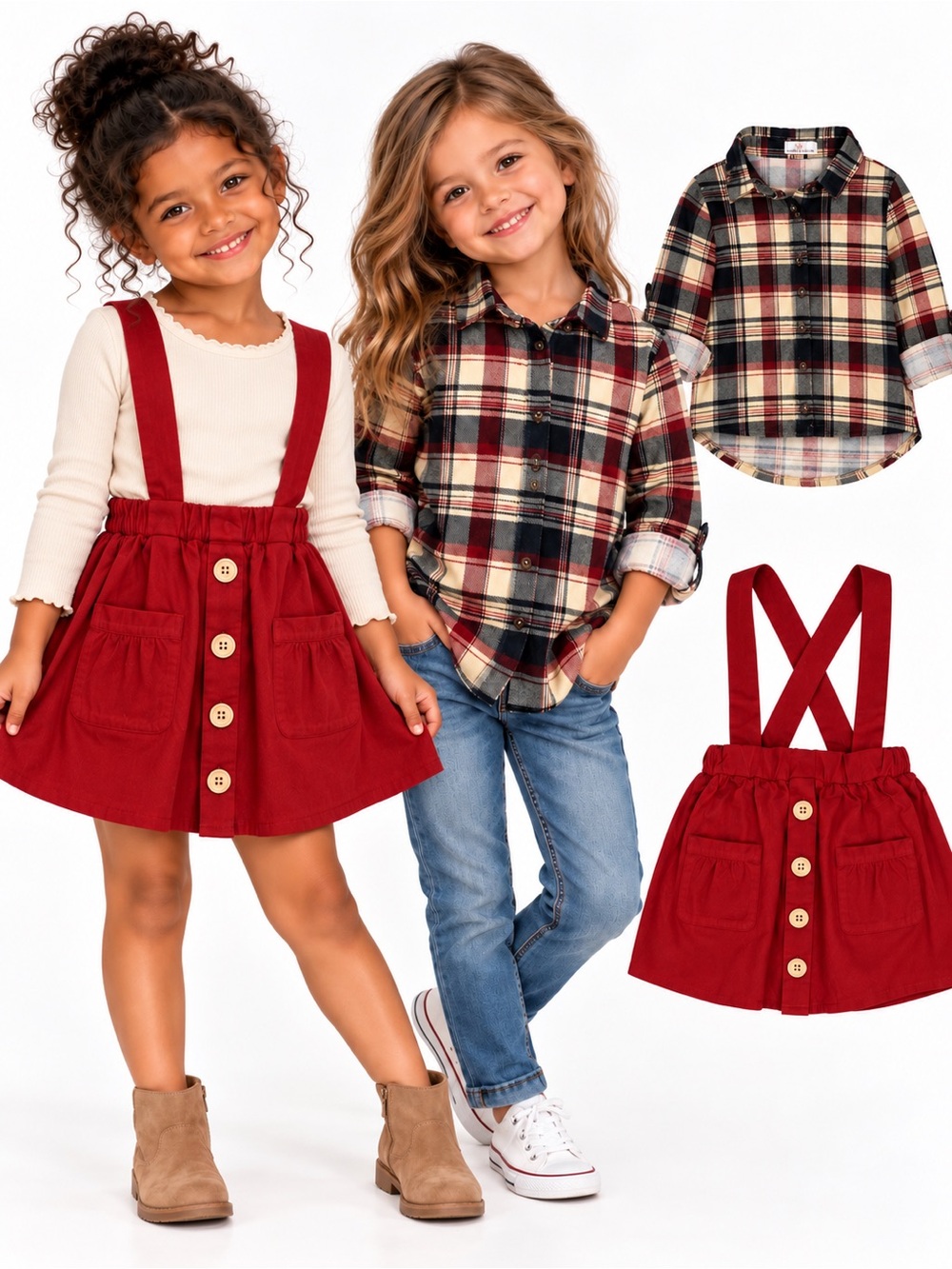 Little Girl’s Plaid Shirt + Burgundy Pinafore/Overall Skirt Bundle | Fall 4-5t